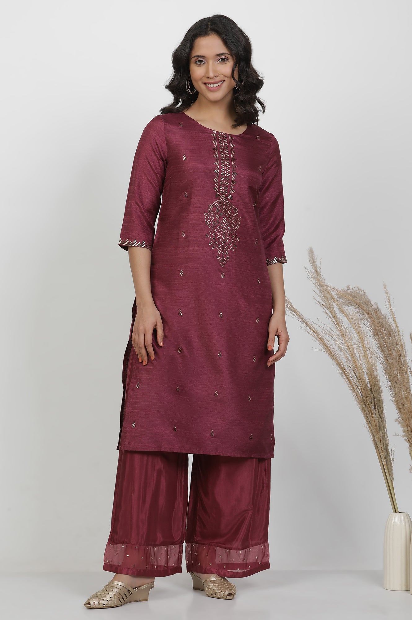 Purple Silk Mukaish Kurta And Parallel Pants Set