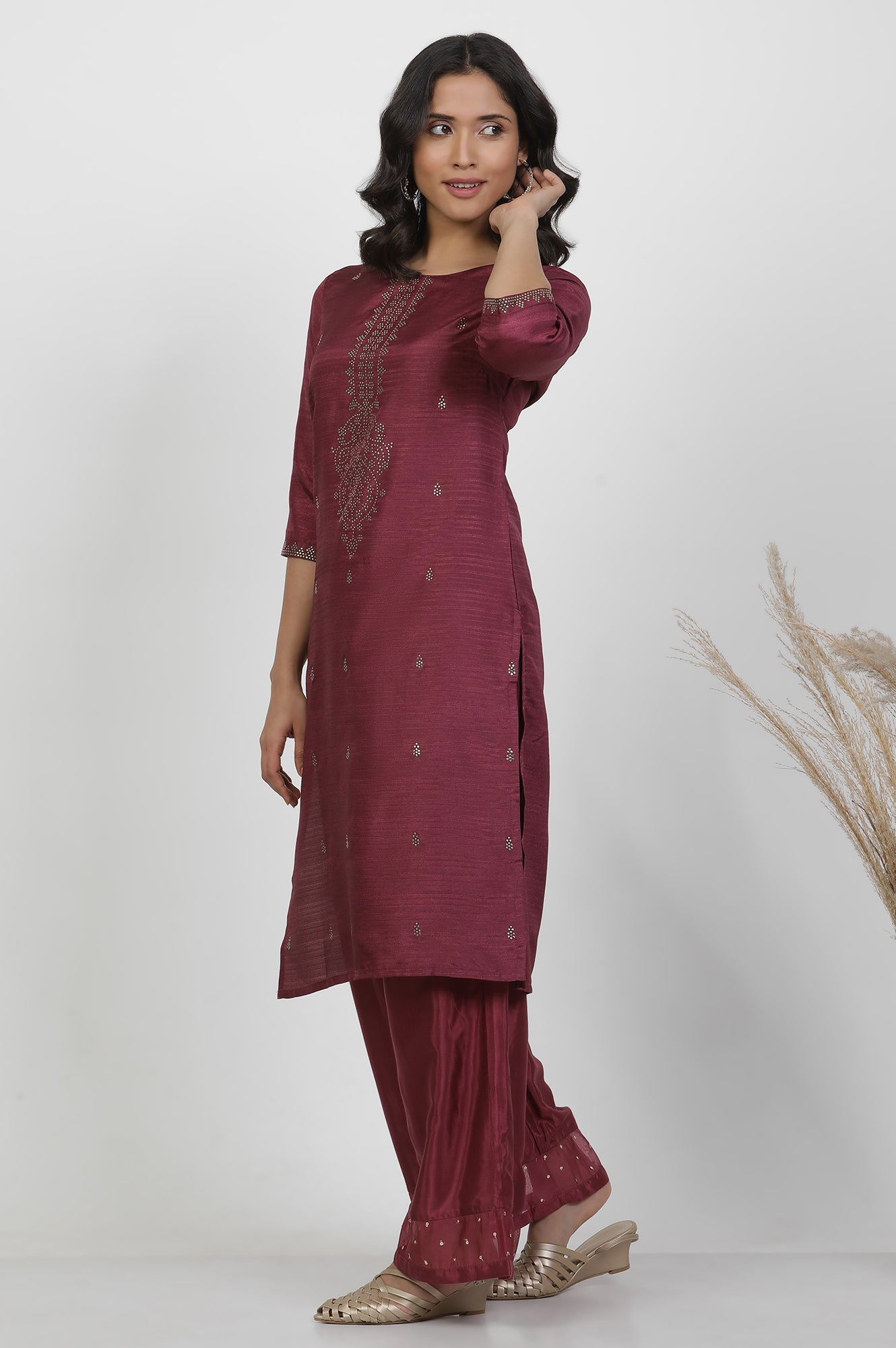 Purple Silk Mukaish Kurta And Parallel Pants Set