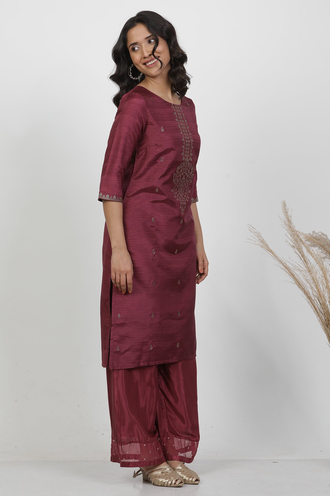 Purple Silk Mukaish Kurta And Parallel Pants Set