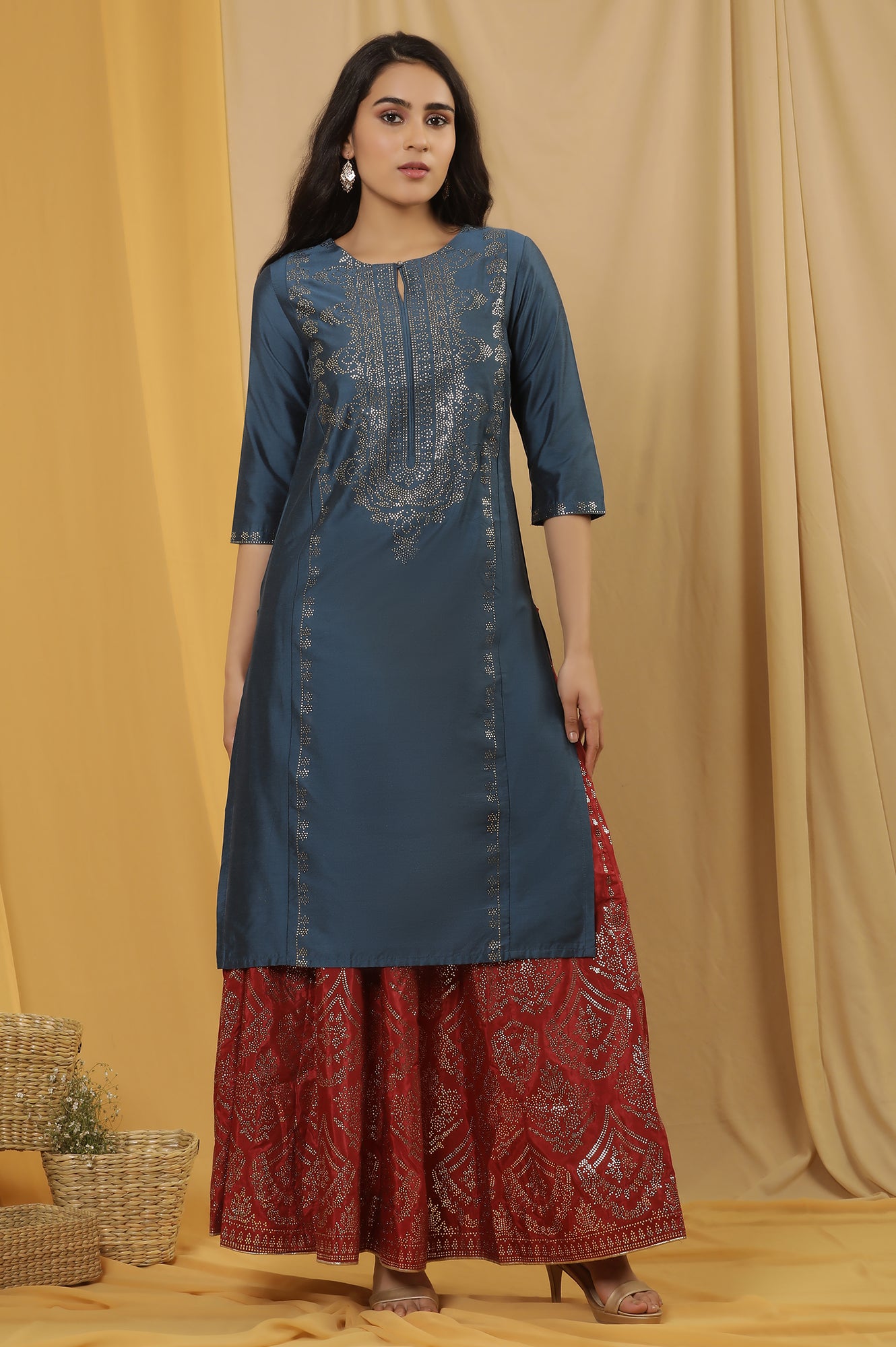 Blue Mukaish Kurta And Red Flared Skirt