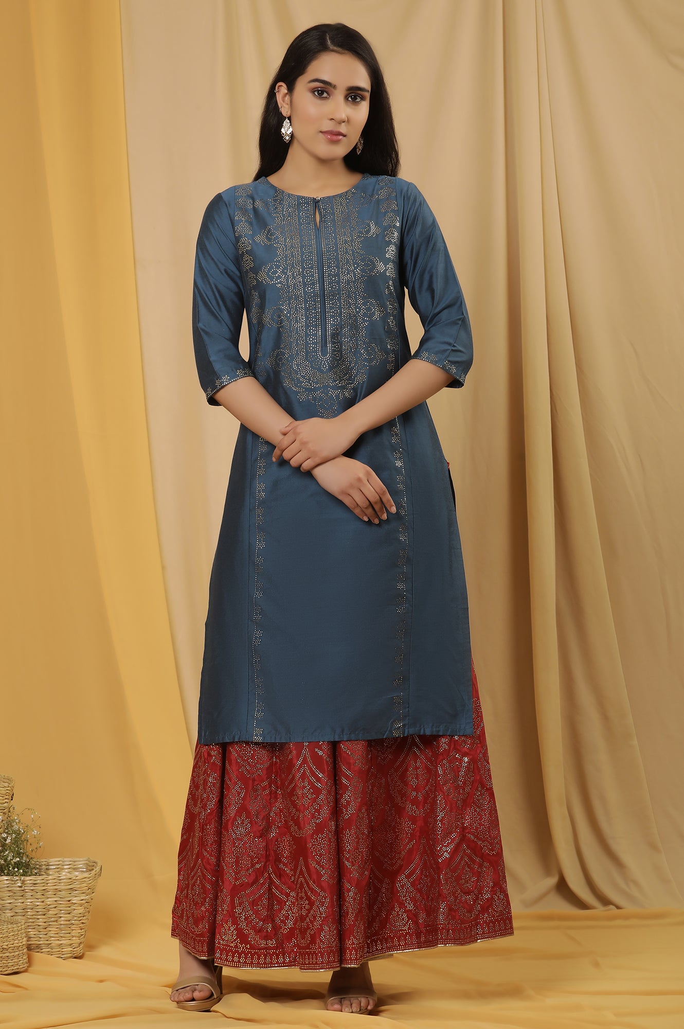 Blue Mukaish Kurta And Red Flared Skirt