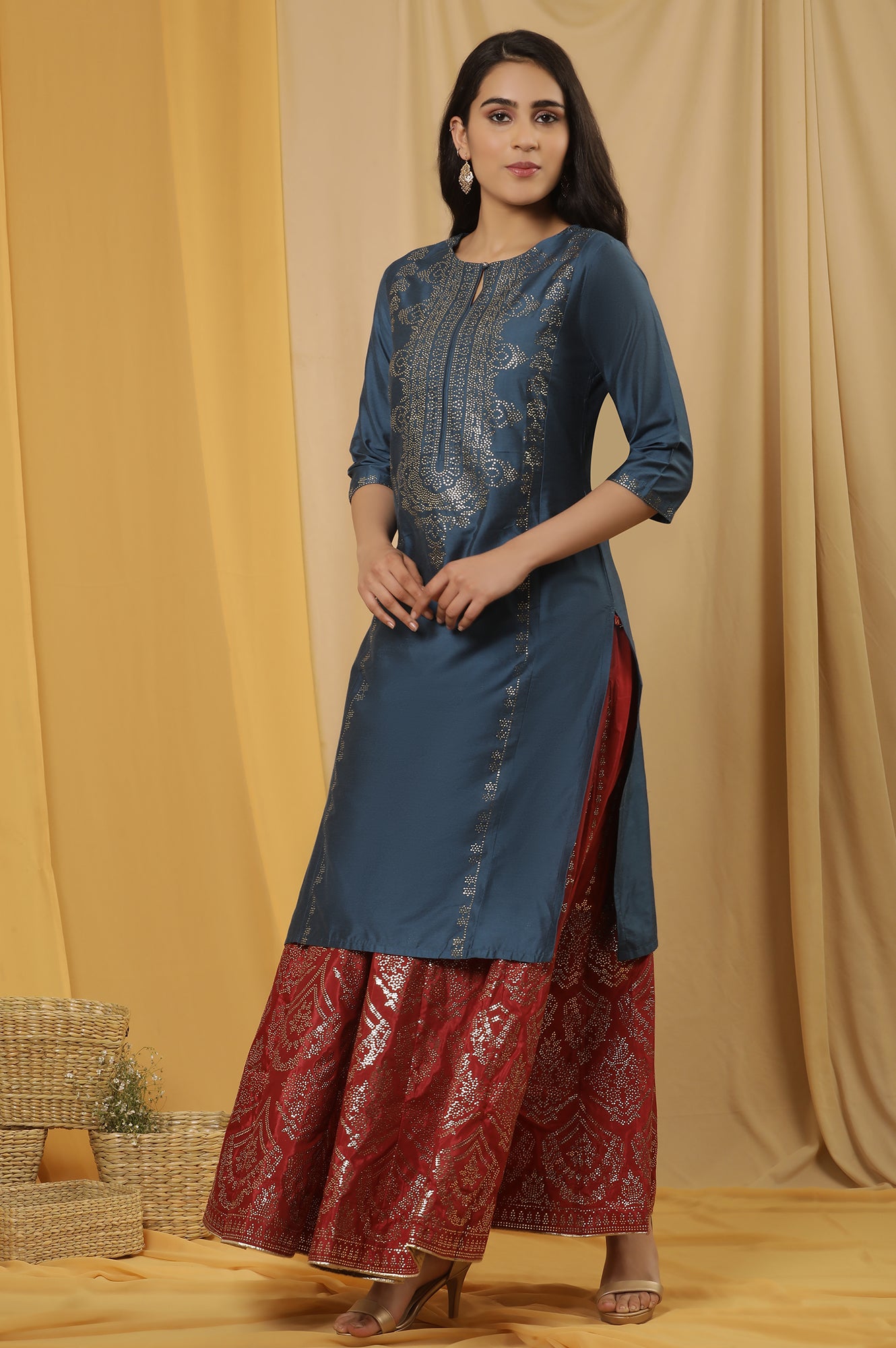 Blue Mukaish Kurta And Red Flared Skirt