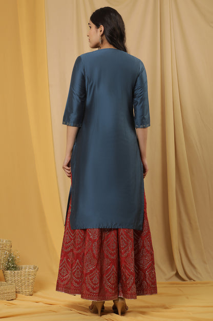 Blue Mukaish Kurta And Red Flared Skirt