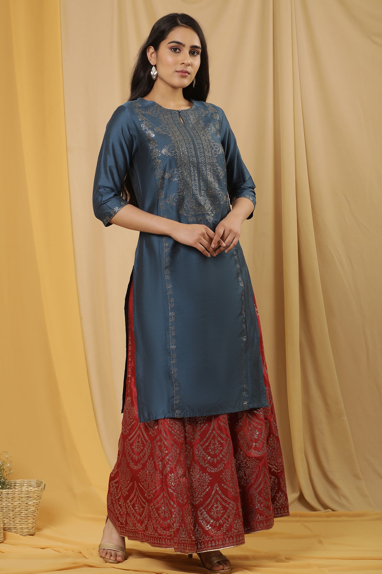 Blue Mukaish Kurta And Red Flared Skirt