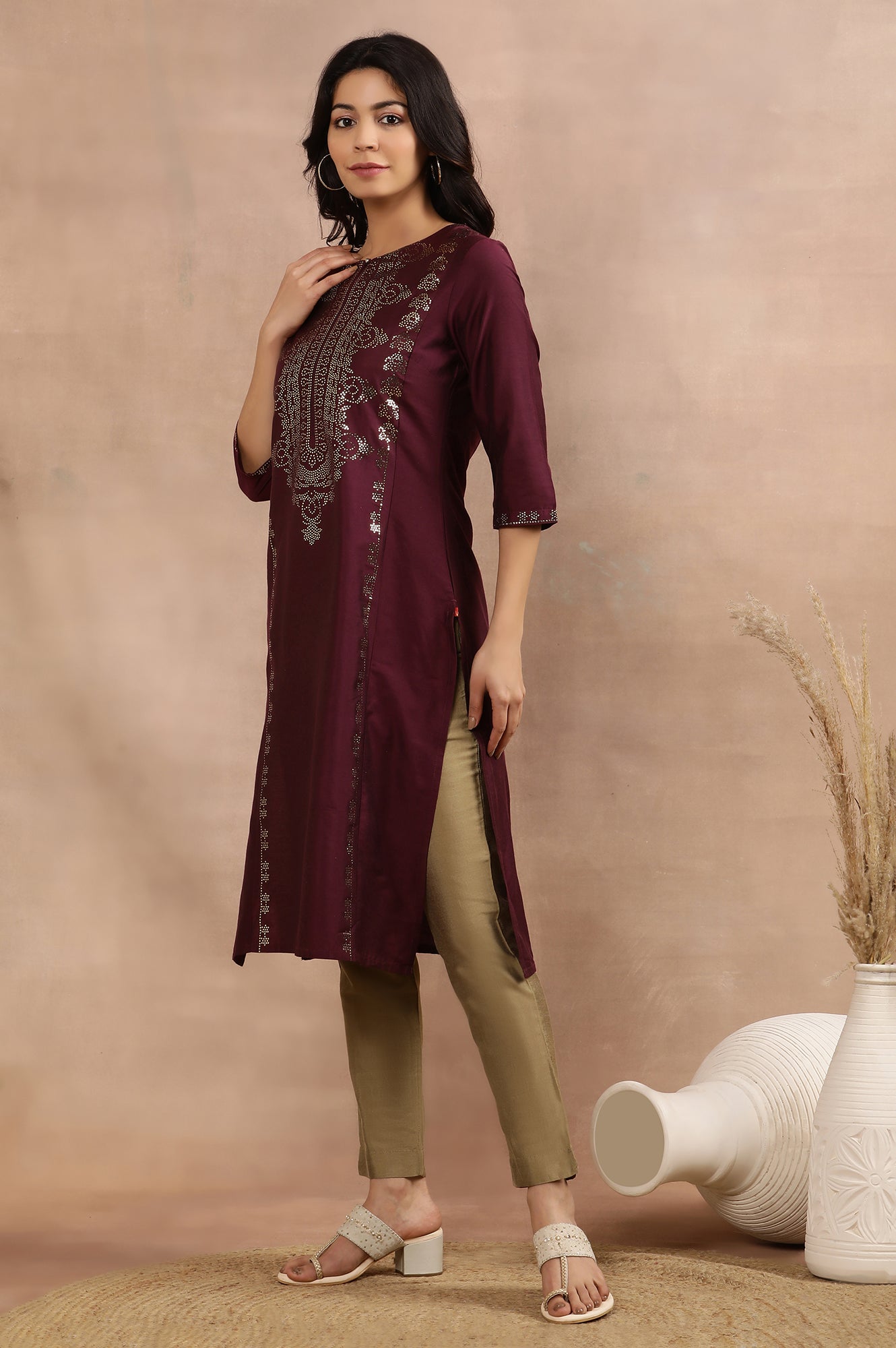 Purple Mukaish Printed Kurta And Pants Set