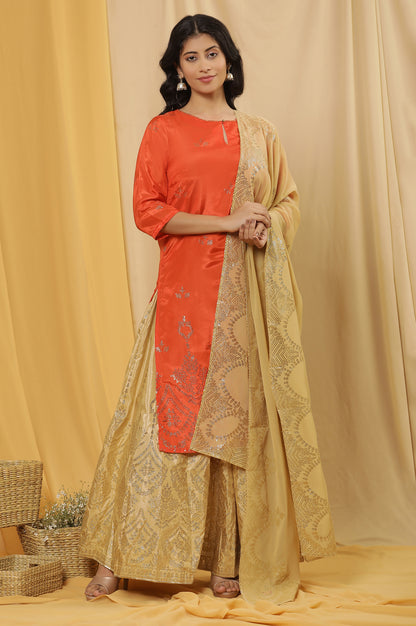 Orange Mukaish Print Kurta, Skirt And Dupatta Set