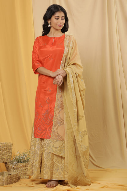 Orange Mukaish Print Kurta, Skirt And Dupatta Set