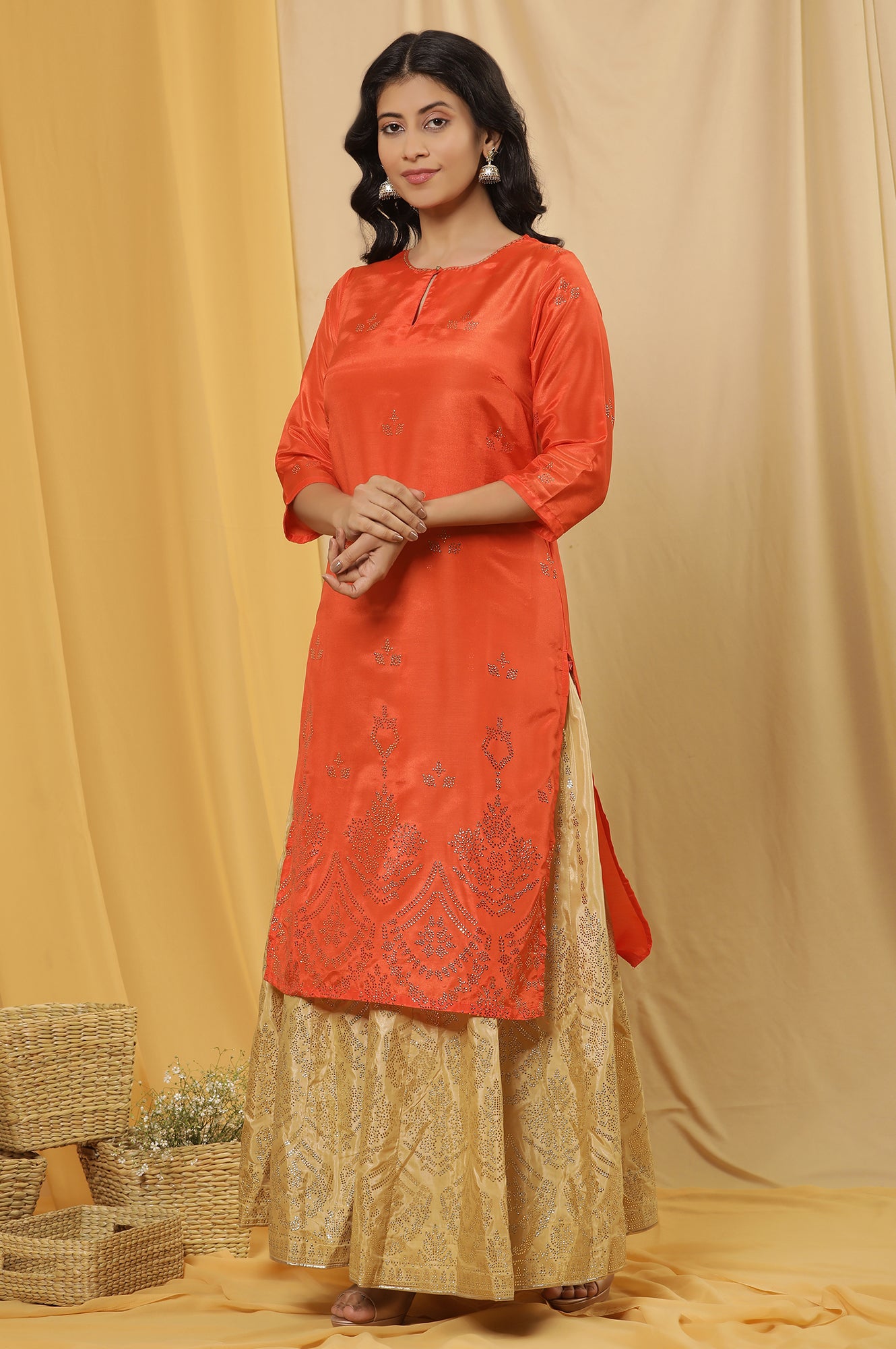 Orange Mukaish Print Kurta, Skirt And Dupatta Set