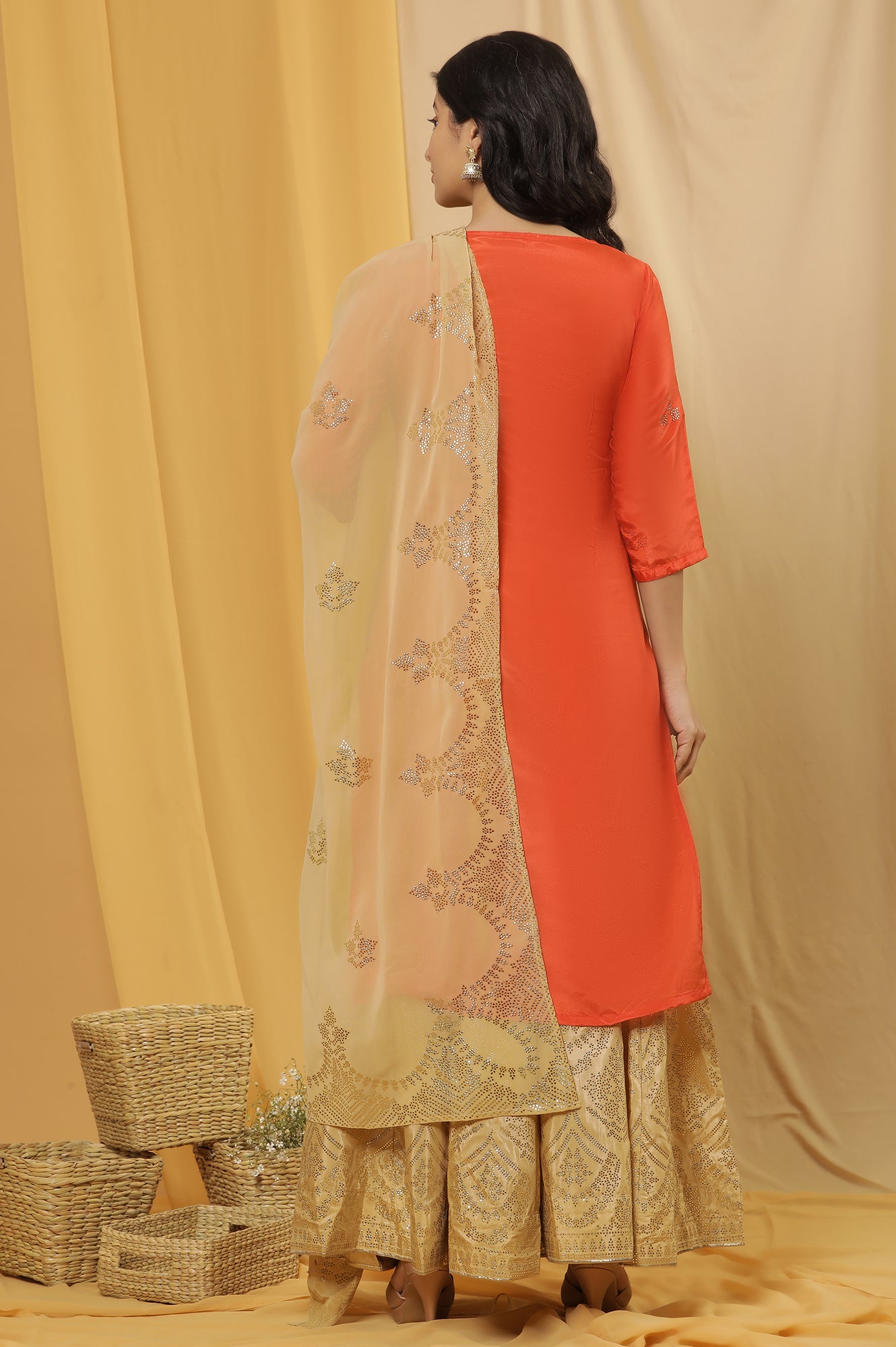 Orange Mukaish Print Kurta, Skirt And Dupatta Set