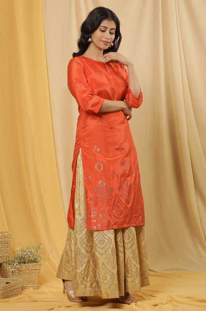 Orange Mukaish Print Kurta, Skirt And Dupatta Set