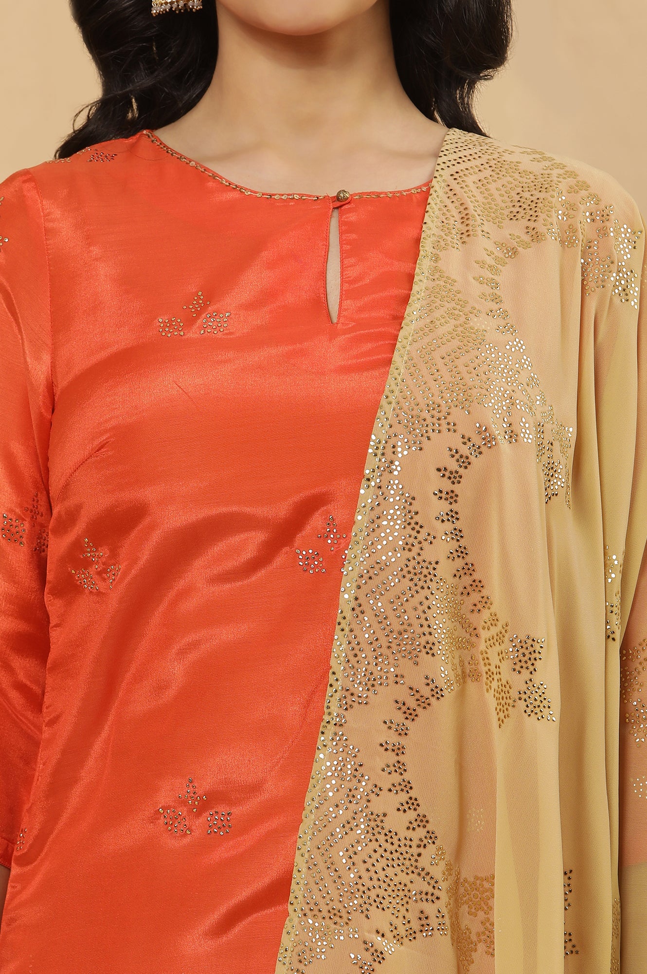 Orange Mukaish Print Kurta, Skirt And Dupatta Set