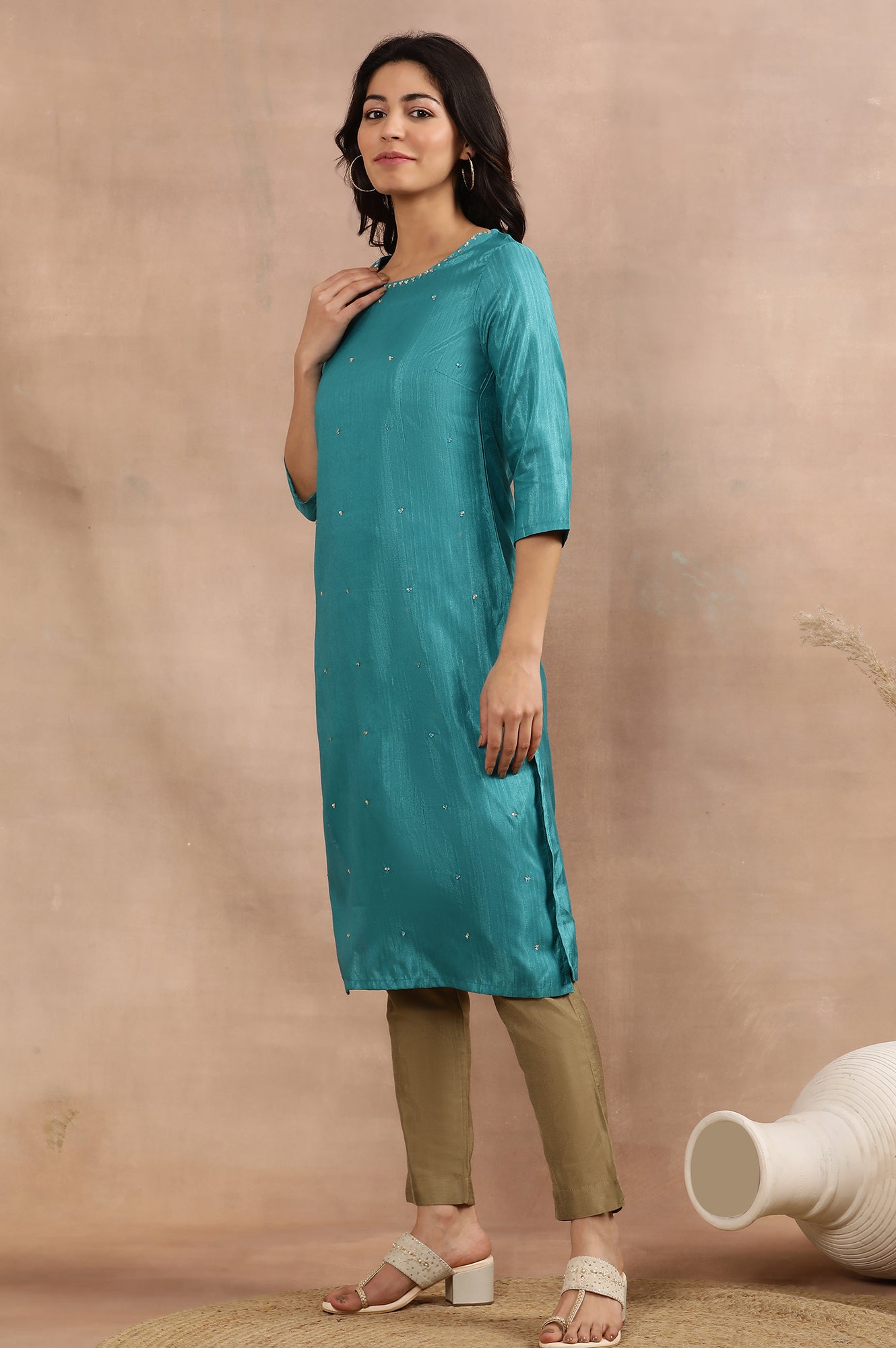 Teal Embellished Kurta And Golden Pants Set