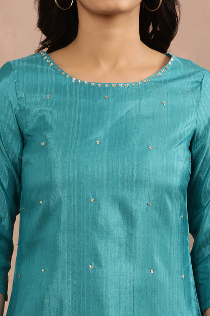 Teal Embellished Kurta And Golden Pants Set