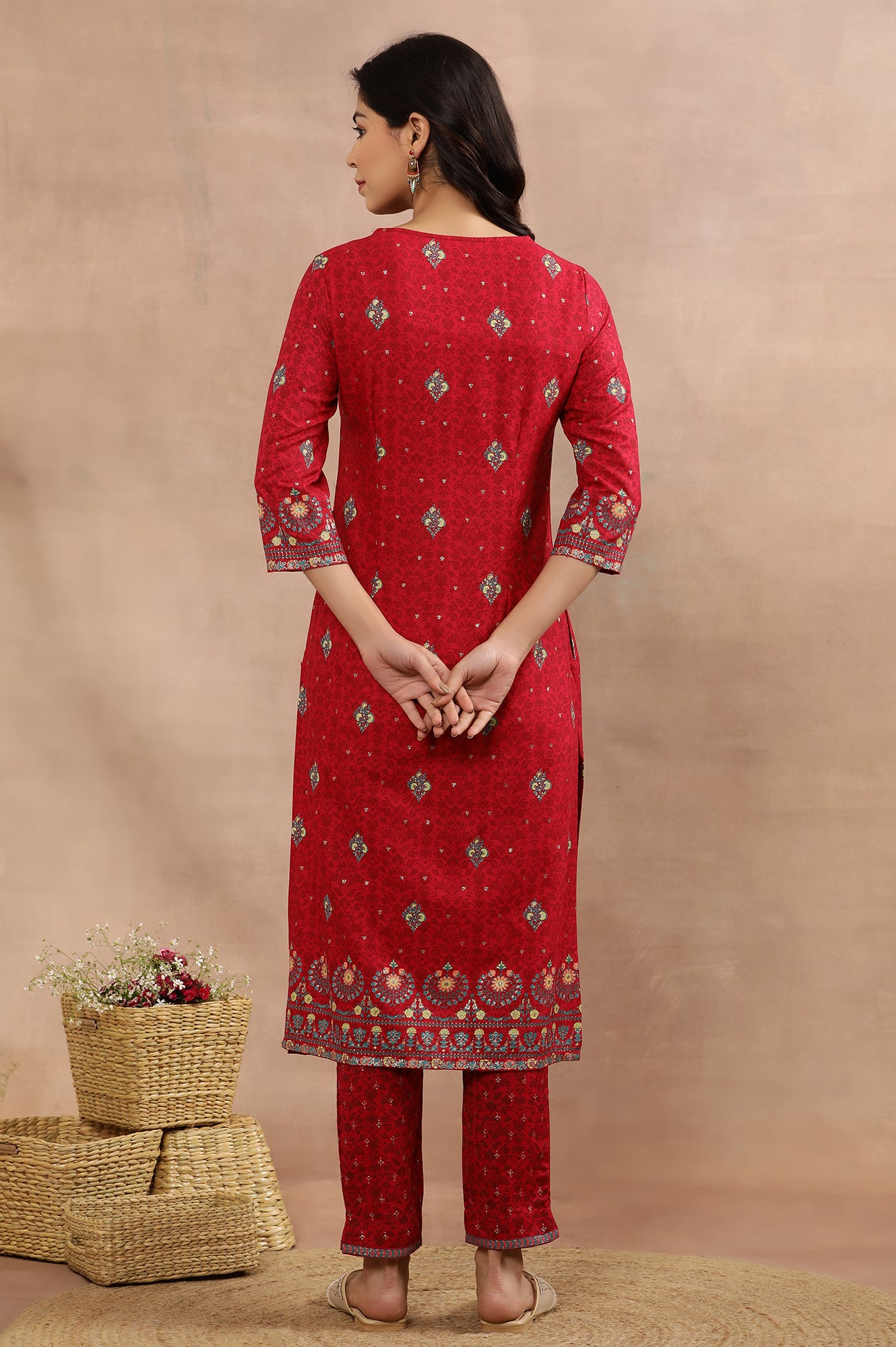 Pink Floral Printed Layered Kurta And Pants Set