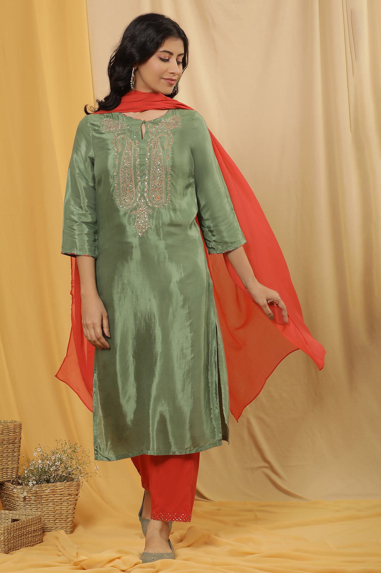 Green Embroidered Shantung Kurta, Red Pants And Dupatta Set