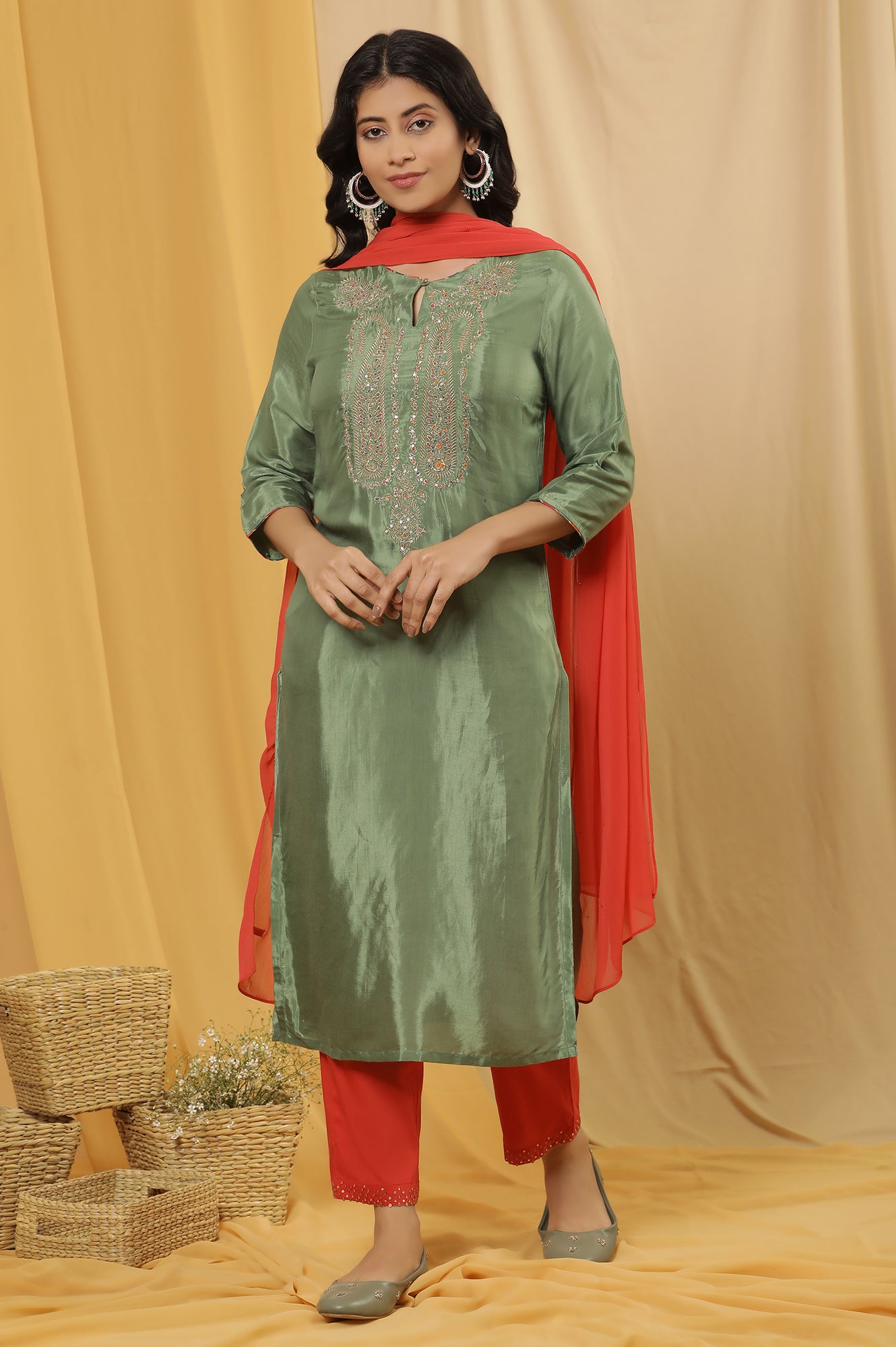 Green Embroidered Shantung Kurta, Red Pants And Dupatta Set