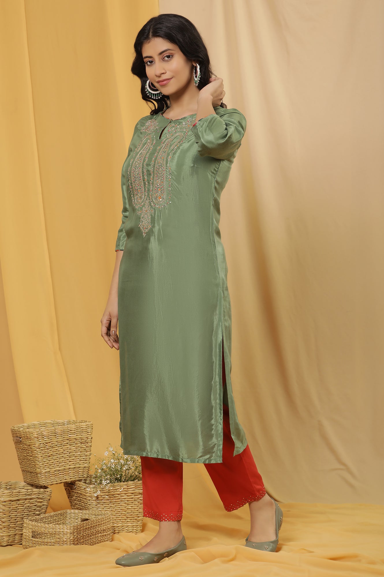 Green Embroidered Shantung Kurta, Red Pants And Dupatta Set