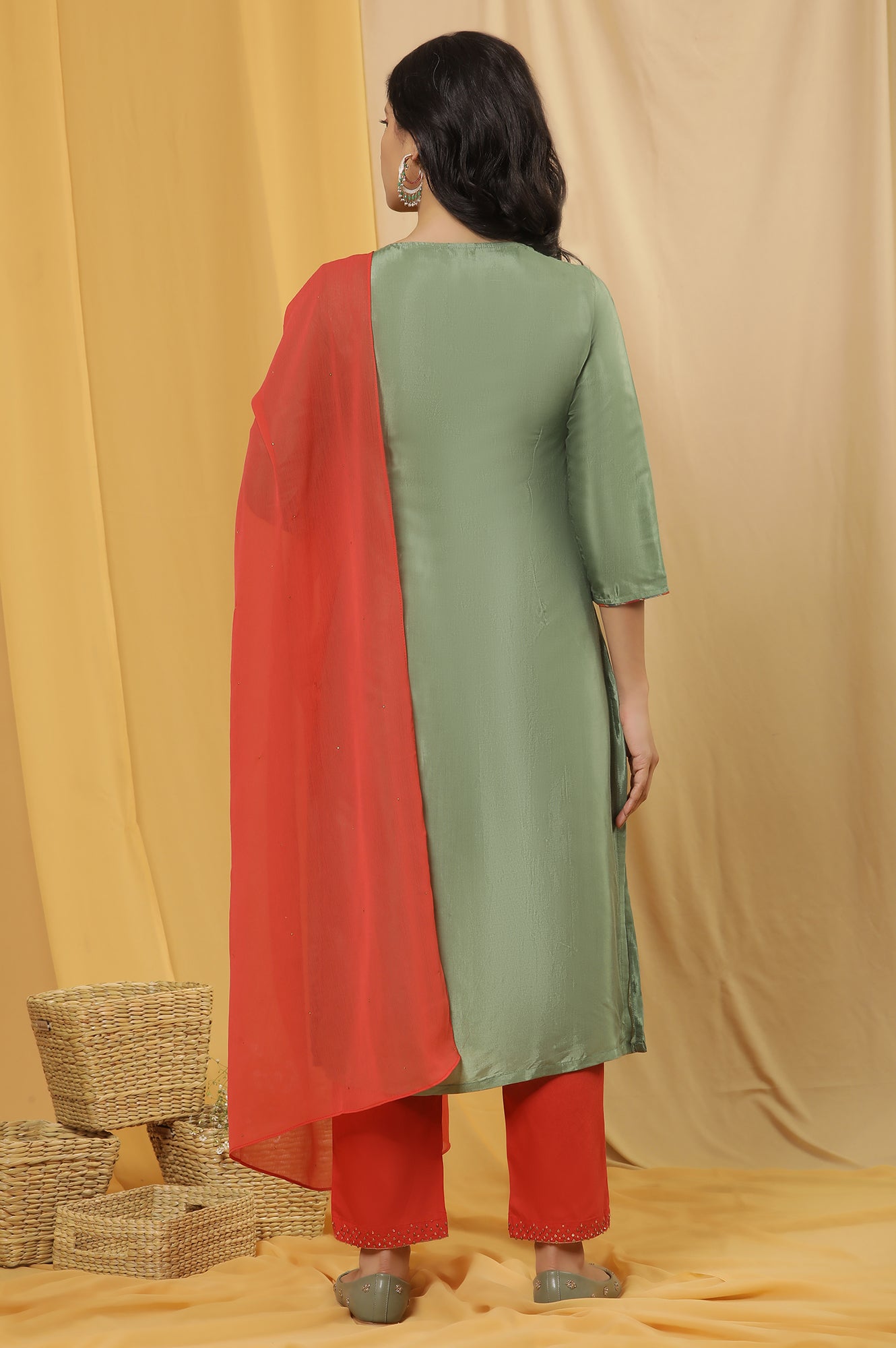 Green Embroidered Shantung Kurta, Red Pants And Dupatta Set