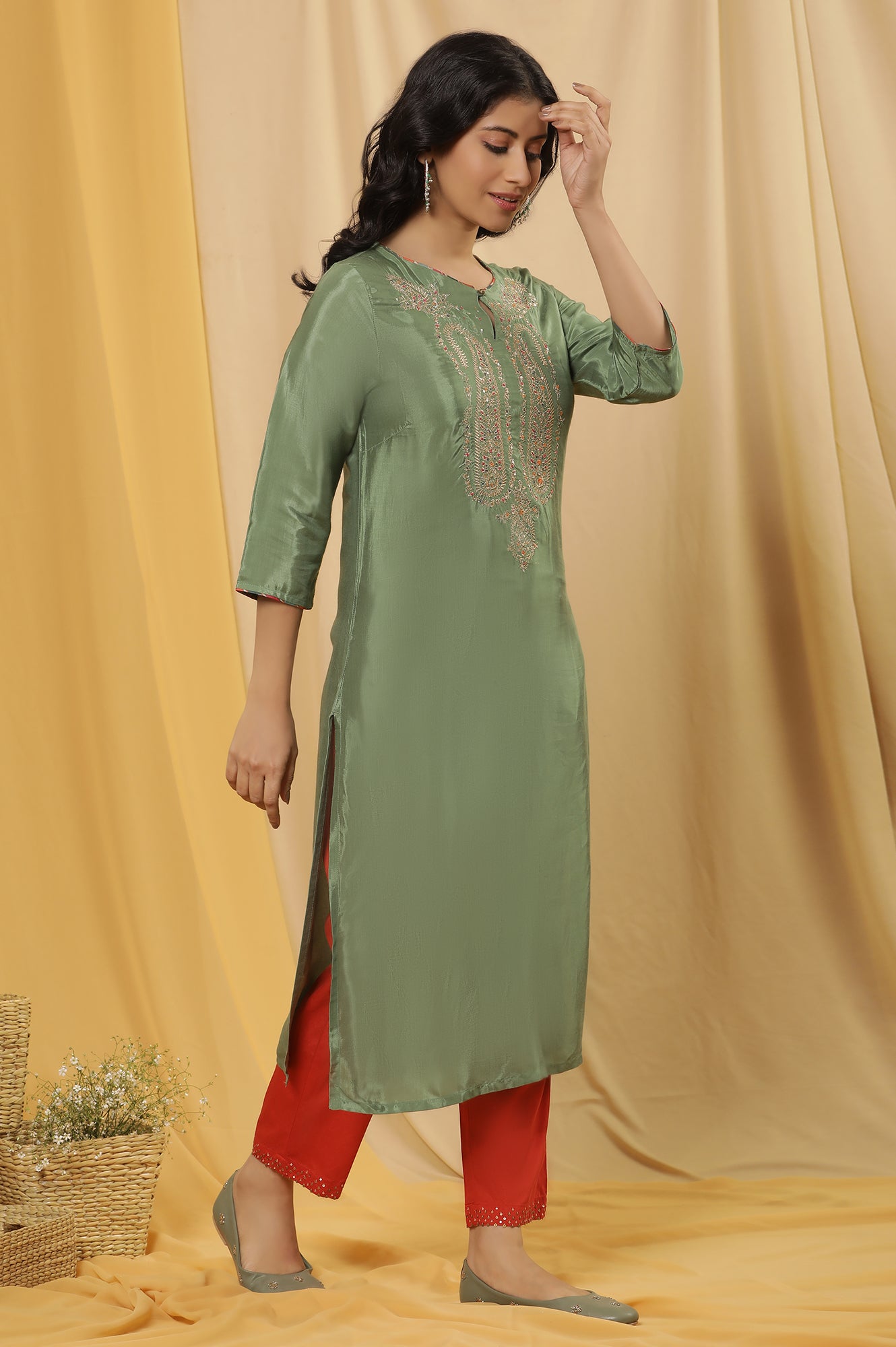 Green Embroidered Shantung Kurta, Red Pants And Dupatta Set