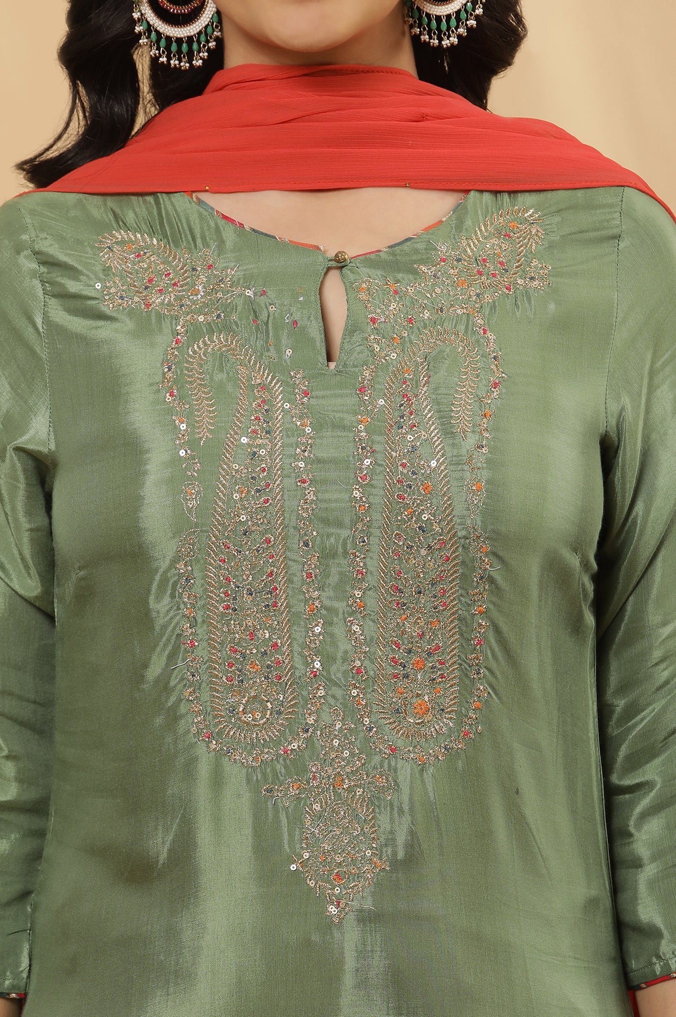 Green Embroidered Shantung Kurta, Red Pants And Dupatta Set