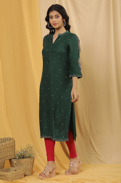 Green Metallic Embroidered Kurta, Pink Tights And Dupatta Set