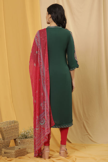 Green Metallic Embroidered Kurta, Pink Tights And Dupatta Set