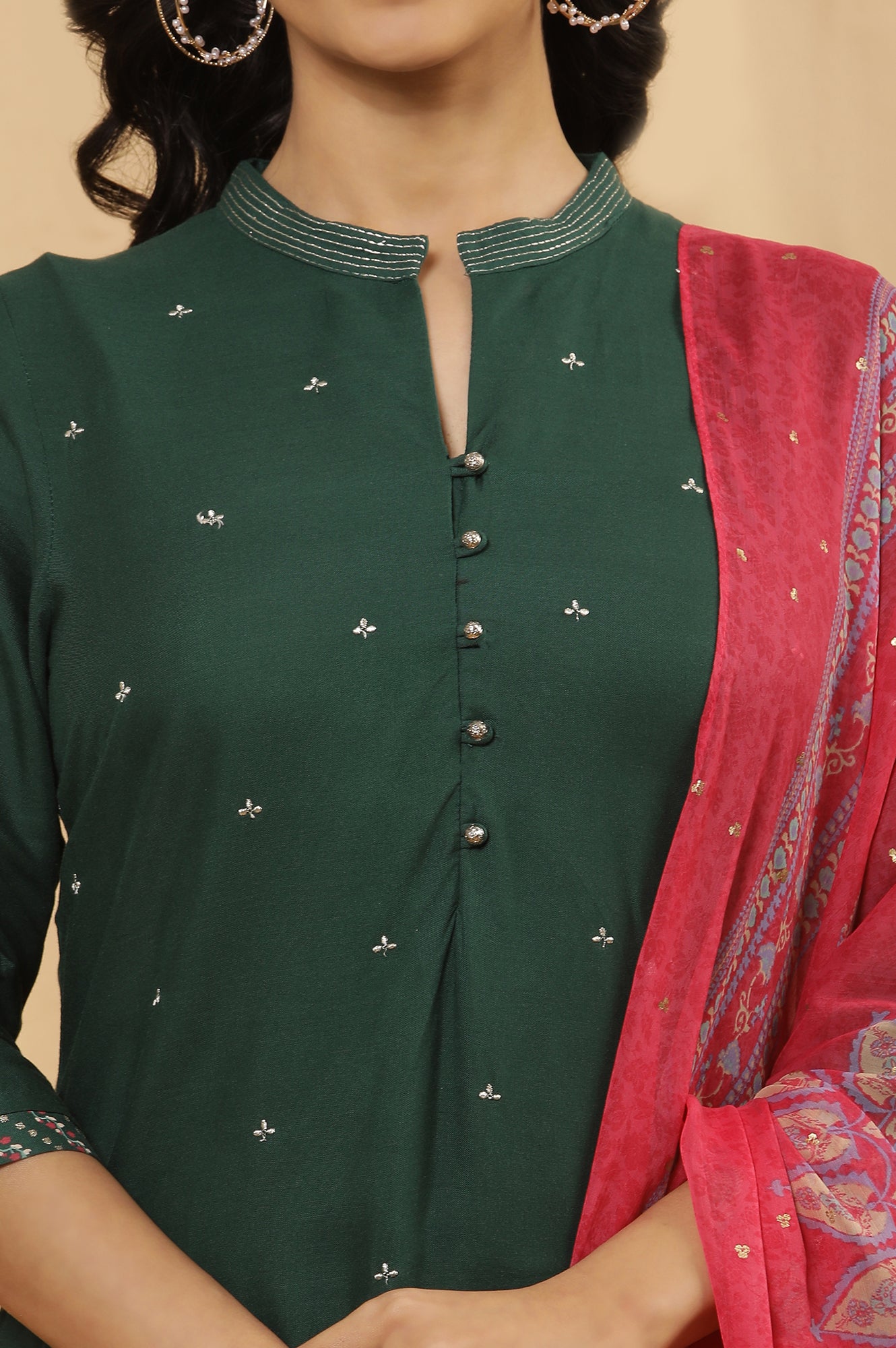 Green Metallic Embroidered Kurta, Pink Tights And Dupatta Set