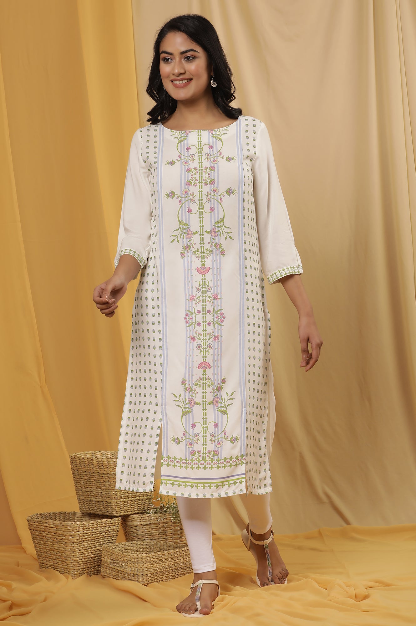 White Printed Kurta And Tights Set