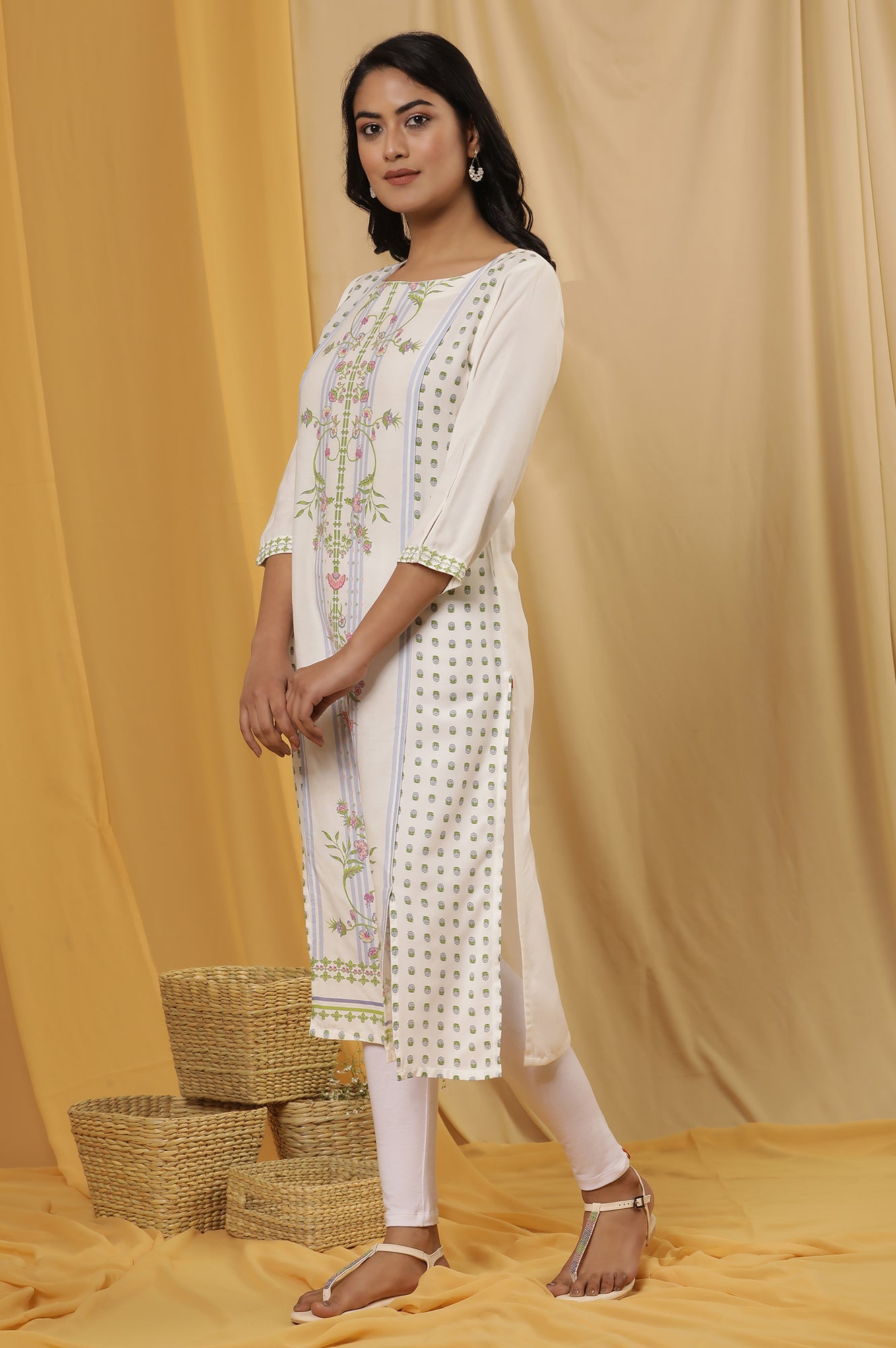 White Printed Kurta And Tights Set