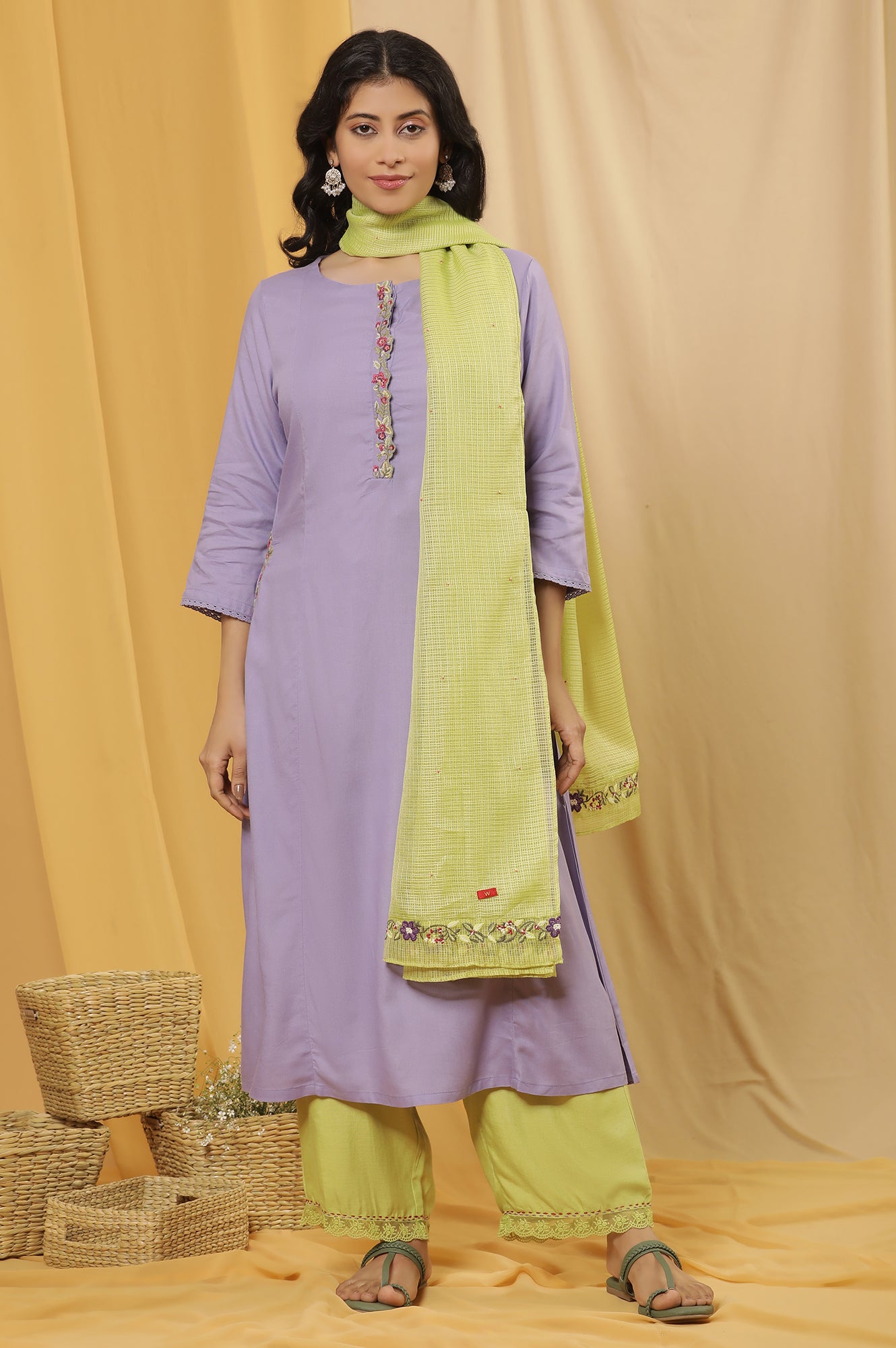 Voilet Embroidered A-Line Kurta, Pants And Dupatta Set