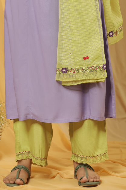 Voilet Embroidered A-Line Kurta, Pants And Dupatta Set