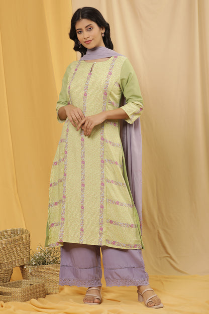 Green Printed Summer Kurta, Parallel Pants And Dupatta Set