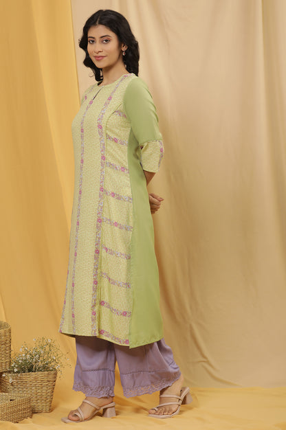 Green Printed Summer Kurta, Parallel Pants And Dupatta Set