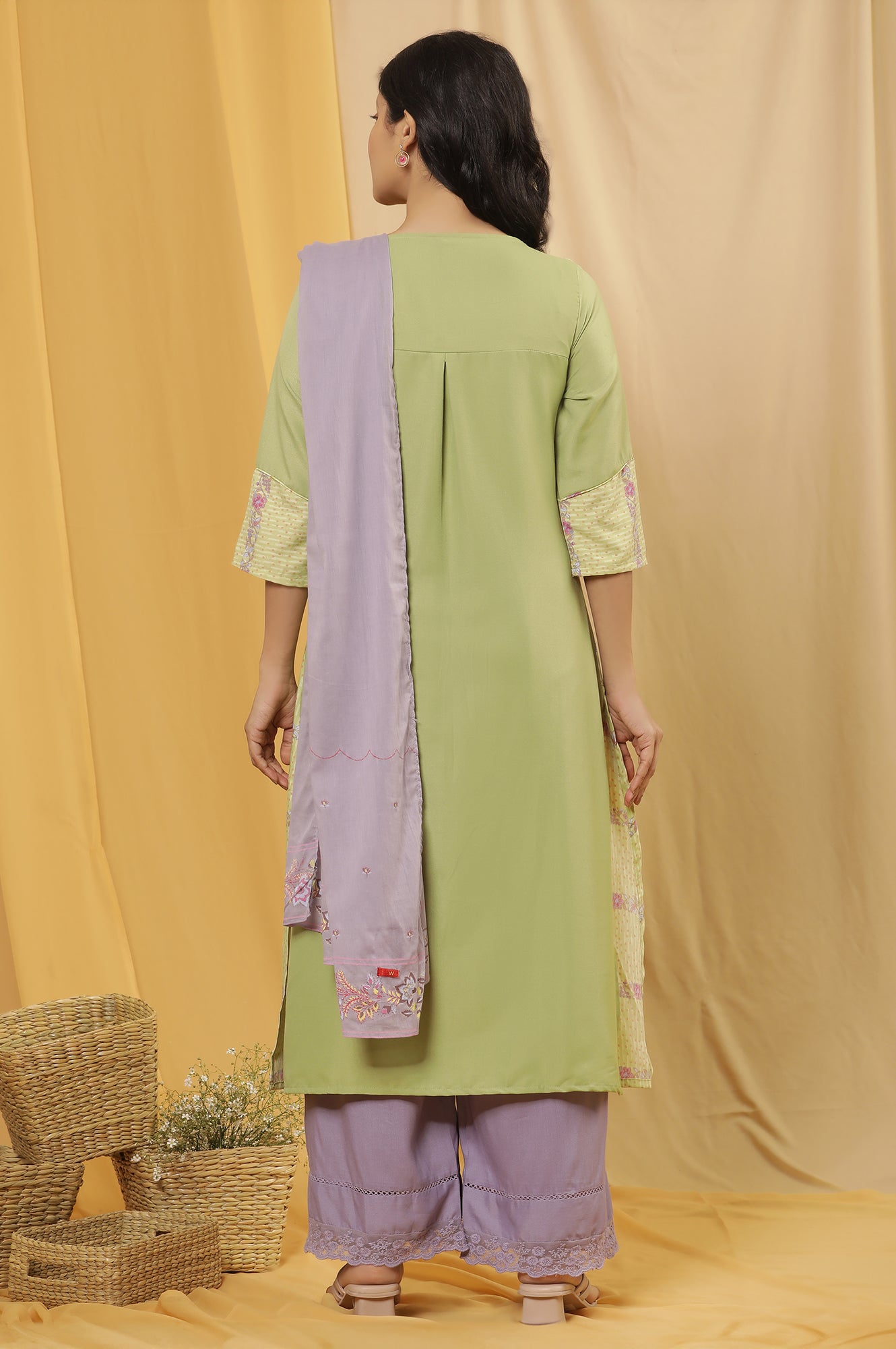 Green Printed Summer Kurta, Parallel Pants And Dupatta Set