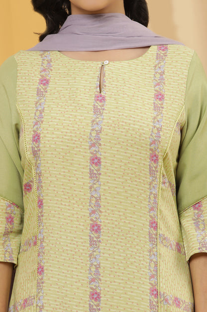 Green Printed Summer Kurta, Parallel Pants And Dupatta Set