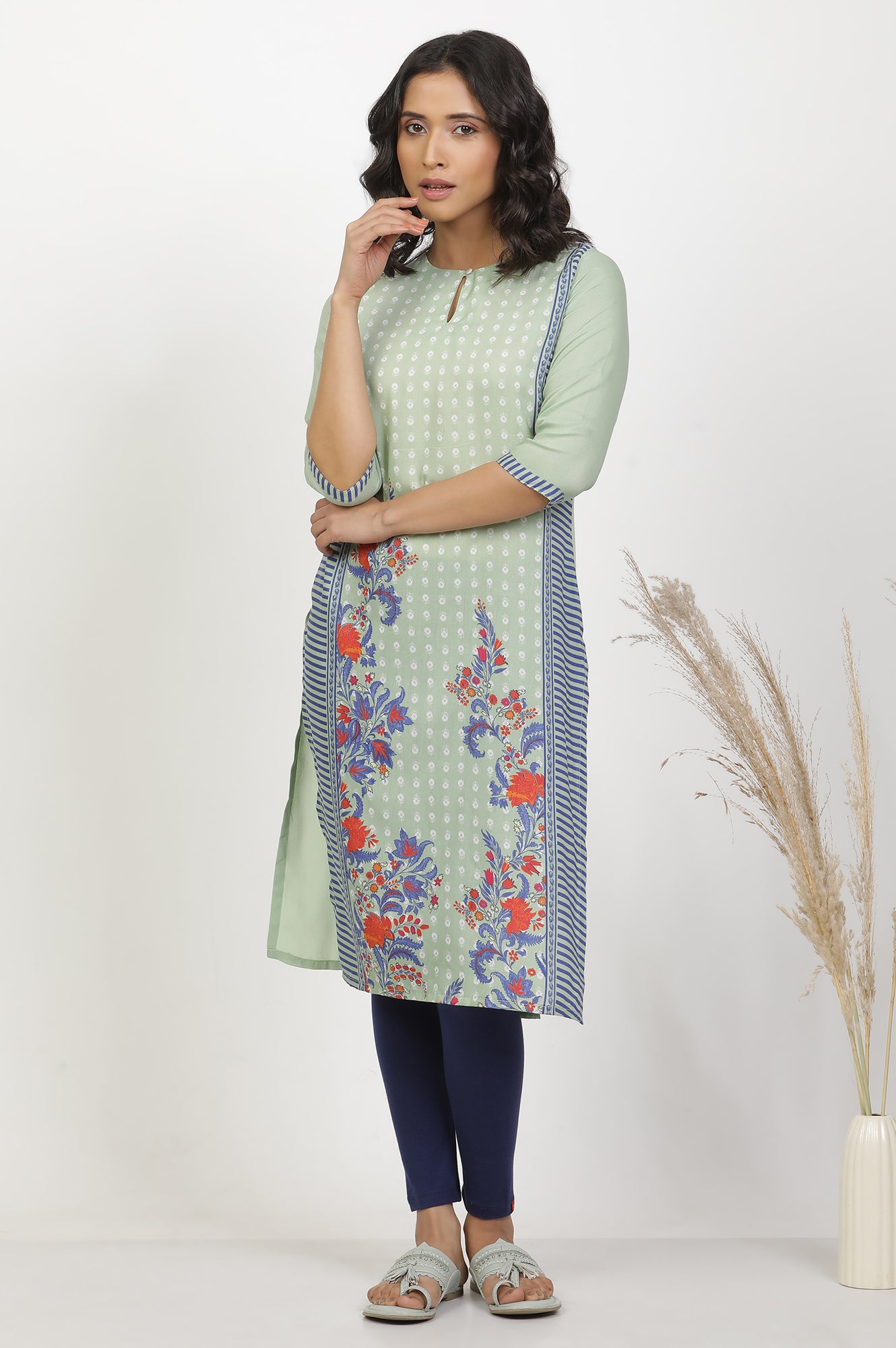 Green Print Mix Kurta And Tights Set