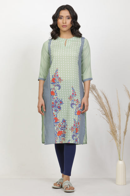 Green Print Mix Kurta And Tights Set