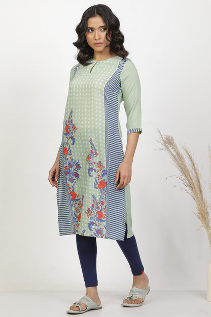 Green Print Mix Kurta And Tights Set