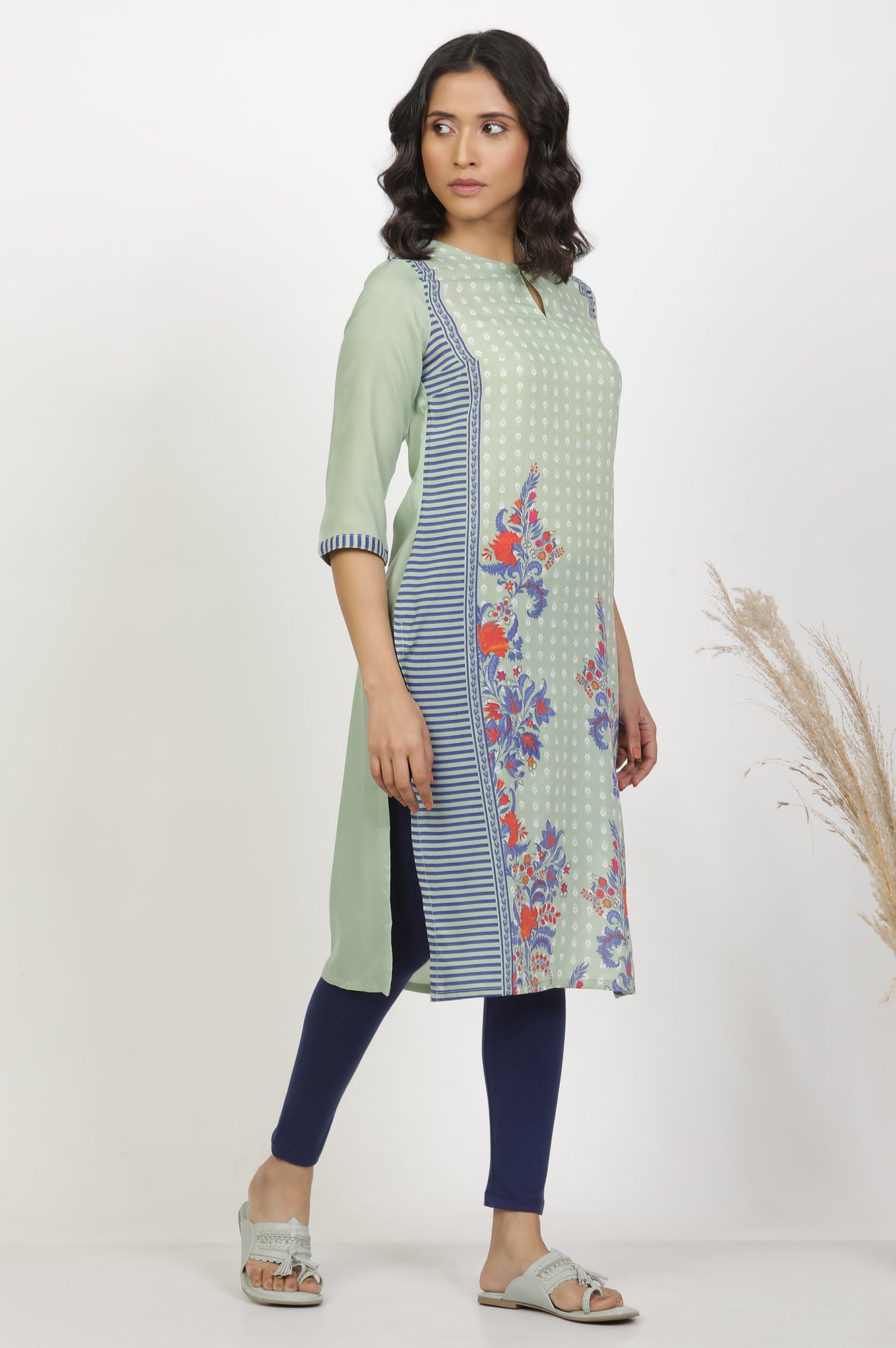 Green Print Mix Kurta And Tights Set