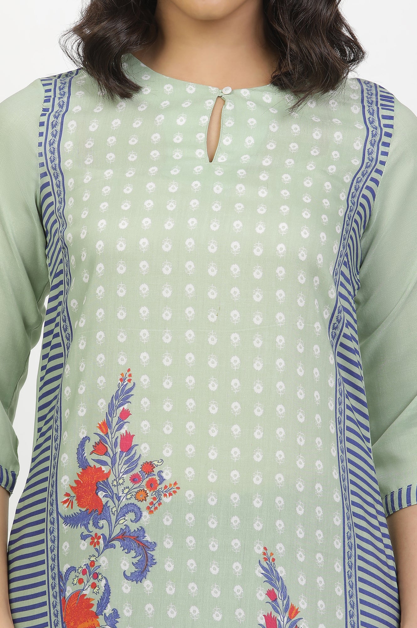 Green Print Mix Kurta And Tights Set