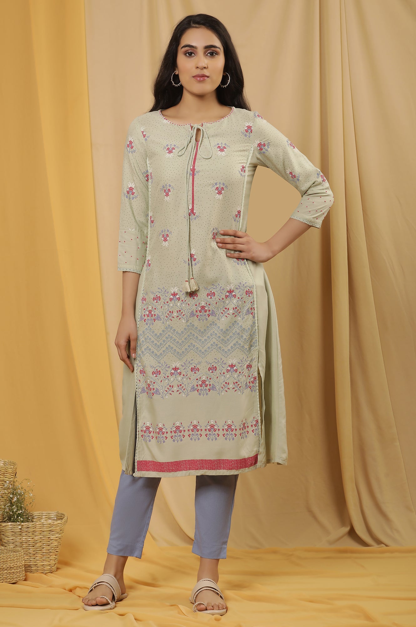 Green Printed Mock Layer Kurta And Pants Set