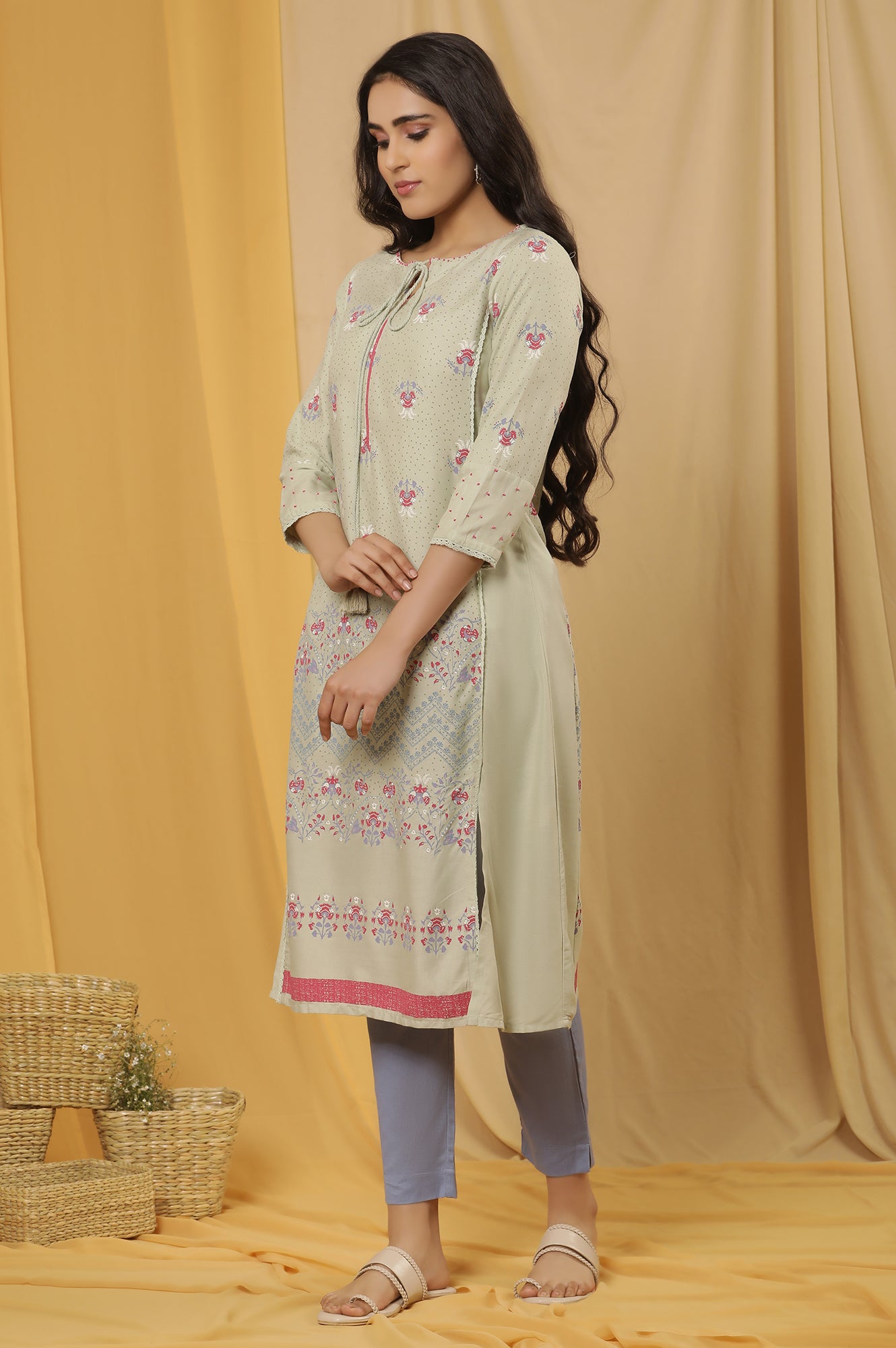 Green Printed Mock Layer Kurta And Pants Set