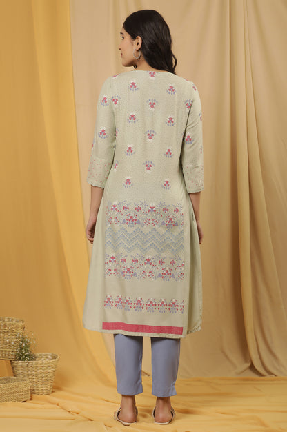 Green Printed Mock Layer Kurta And Pants Set