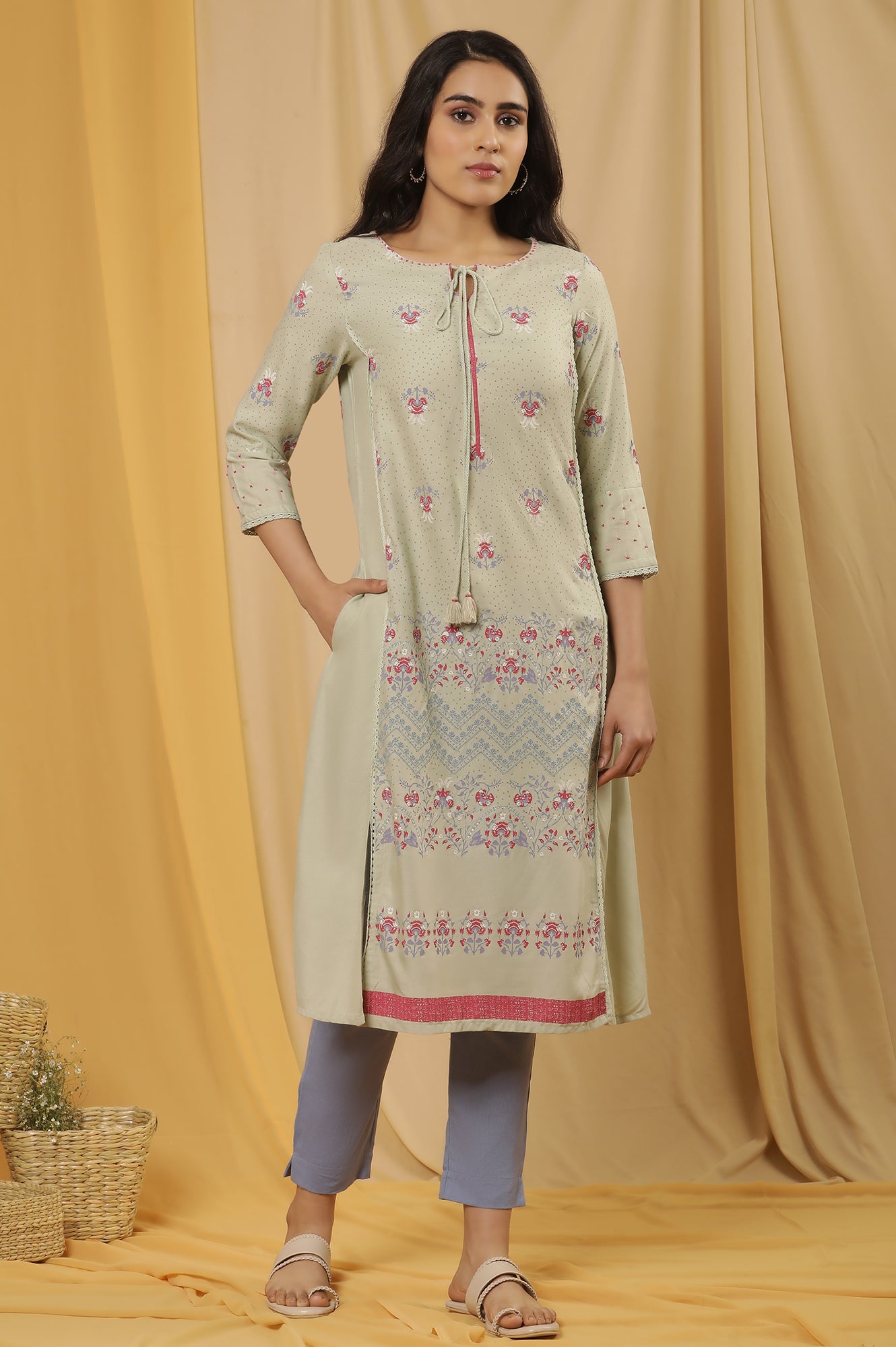 Green Printed Mock Layer Kurta And Pants Set