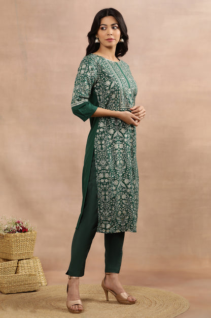 Green Printed Embellished Kurta, Pants And Dupatta Set