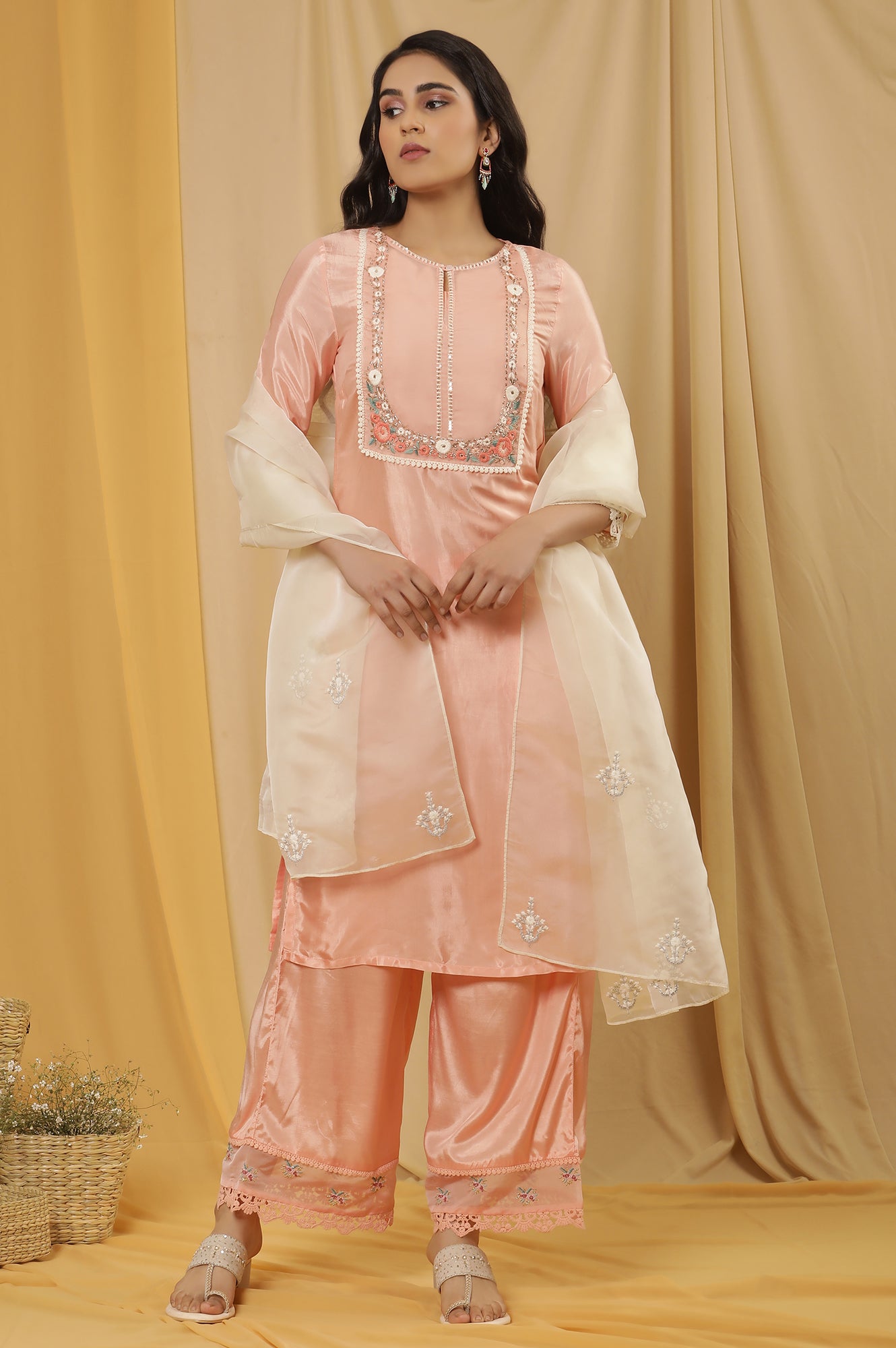 Pink Embroidered Kurta, Parallel Pants And Organza Dupatta Set