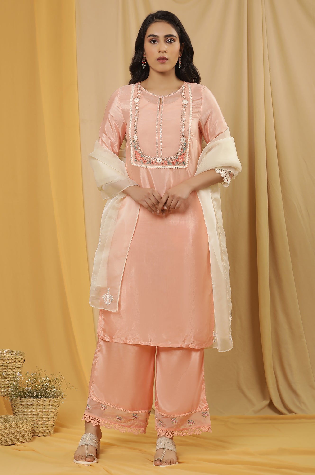 Pink Embroidered Kurta, Parallel Pants And Organza Dupatta Set