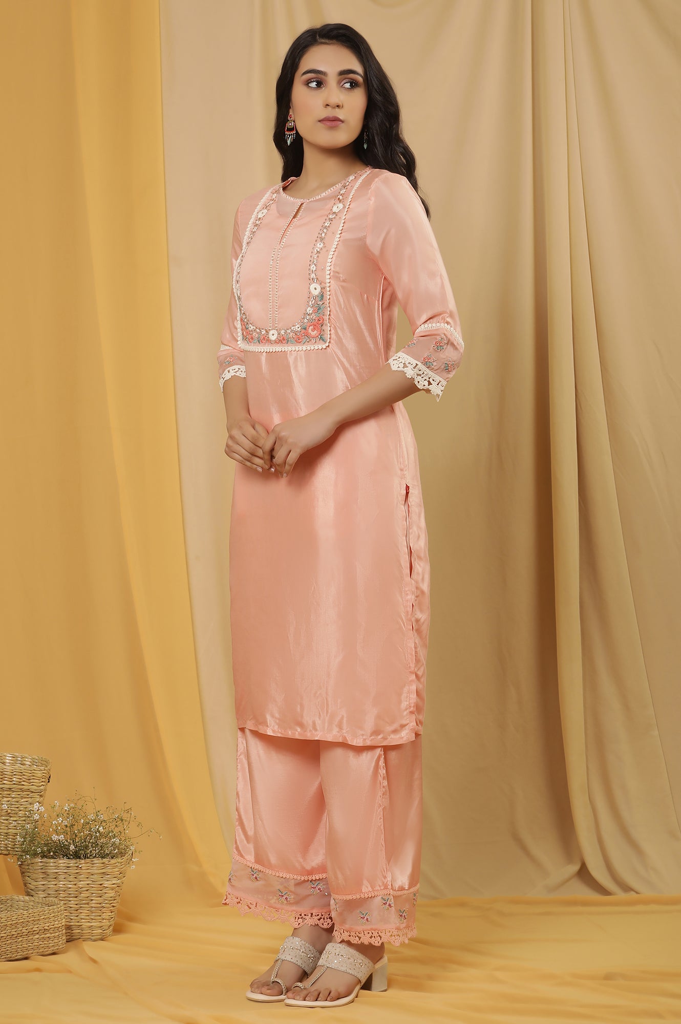 Pink Embroidered Kurta, Parallel Pants And Organza Dupatta Set