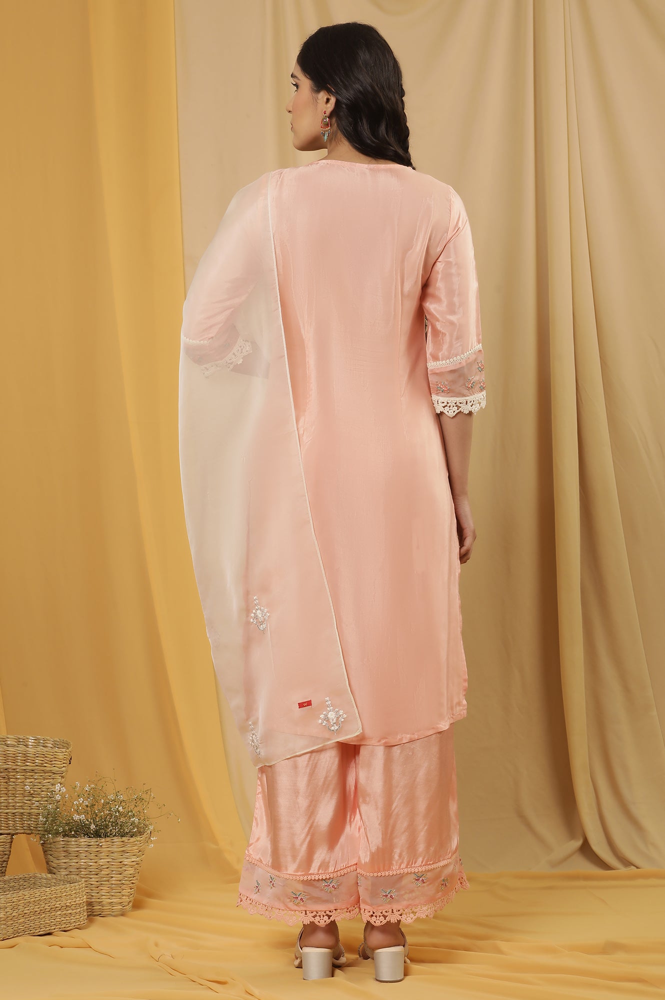 Pink Embroidered Kurta, Parallel Pants And Organza Dupatta Set