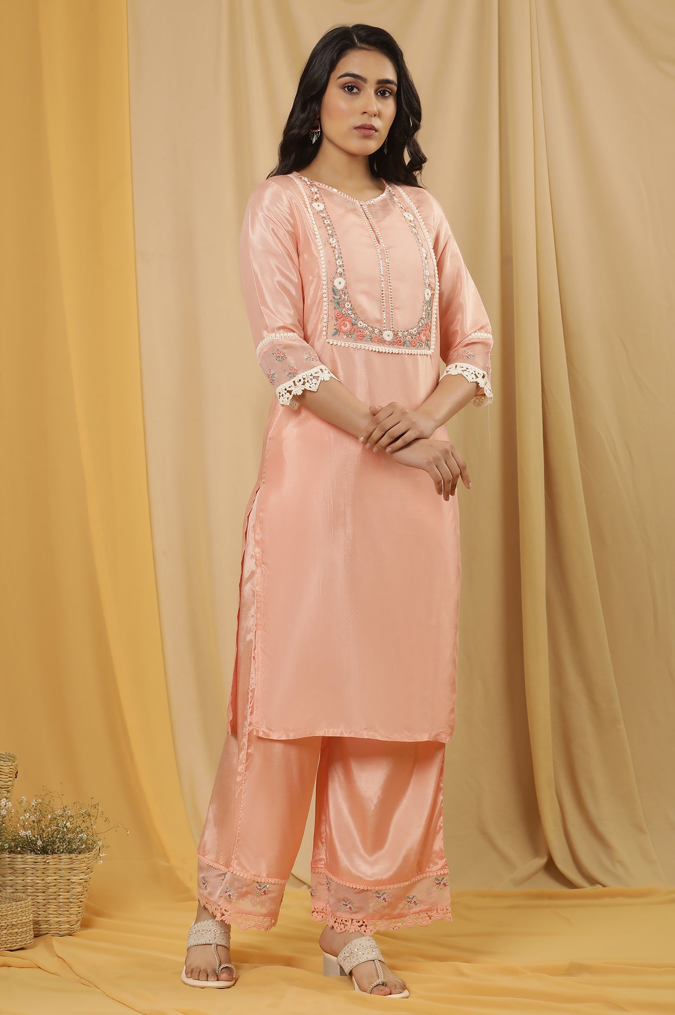 Pink Embroidered Kurta, Parallel Pants And Organza Dupatta Set